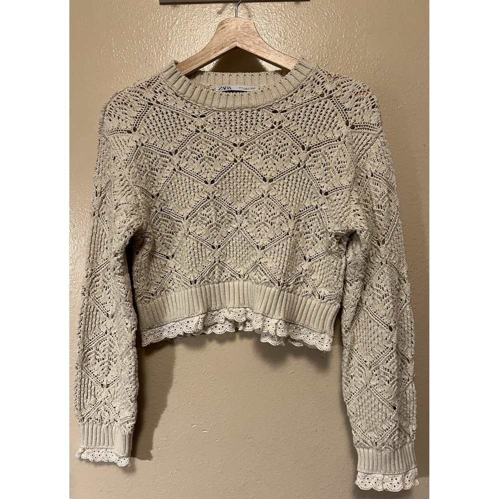 Zara Pointelle‎ Knit Crochet Cropped Sweater Eyelet Cotton Lace Ivory Cream Sz S